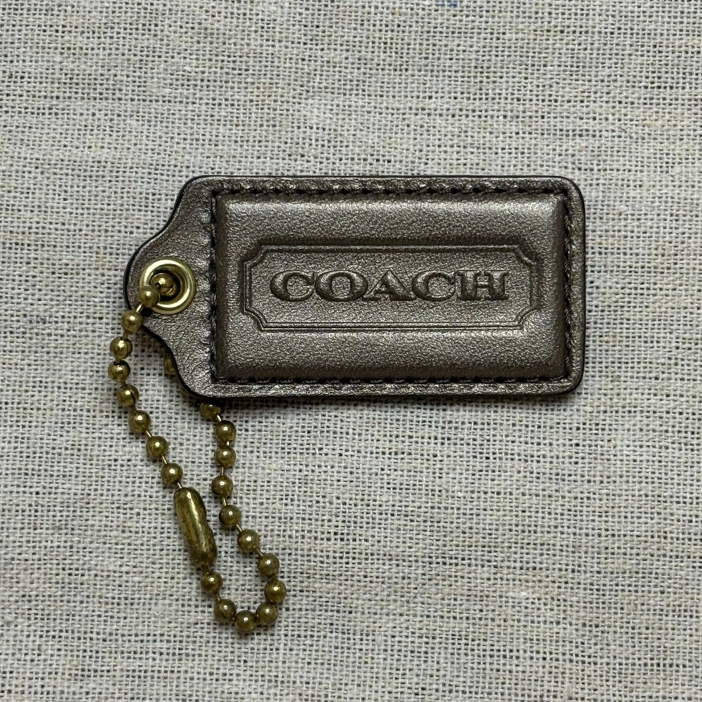 COACH 2.5" Hang Tag Fob Bag Charm Metallic Graphite Leather, Brass Ball Chain